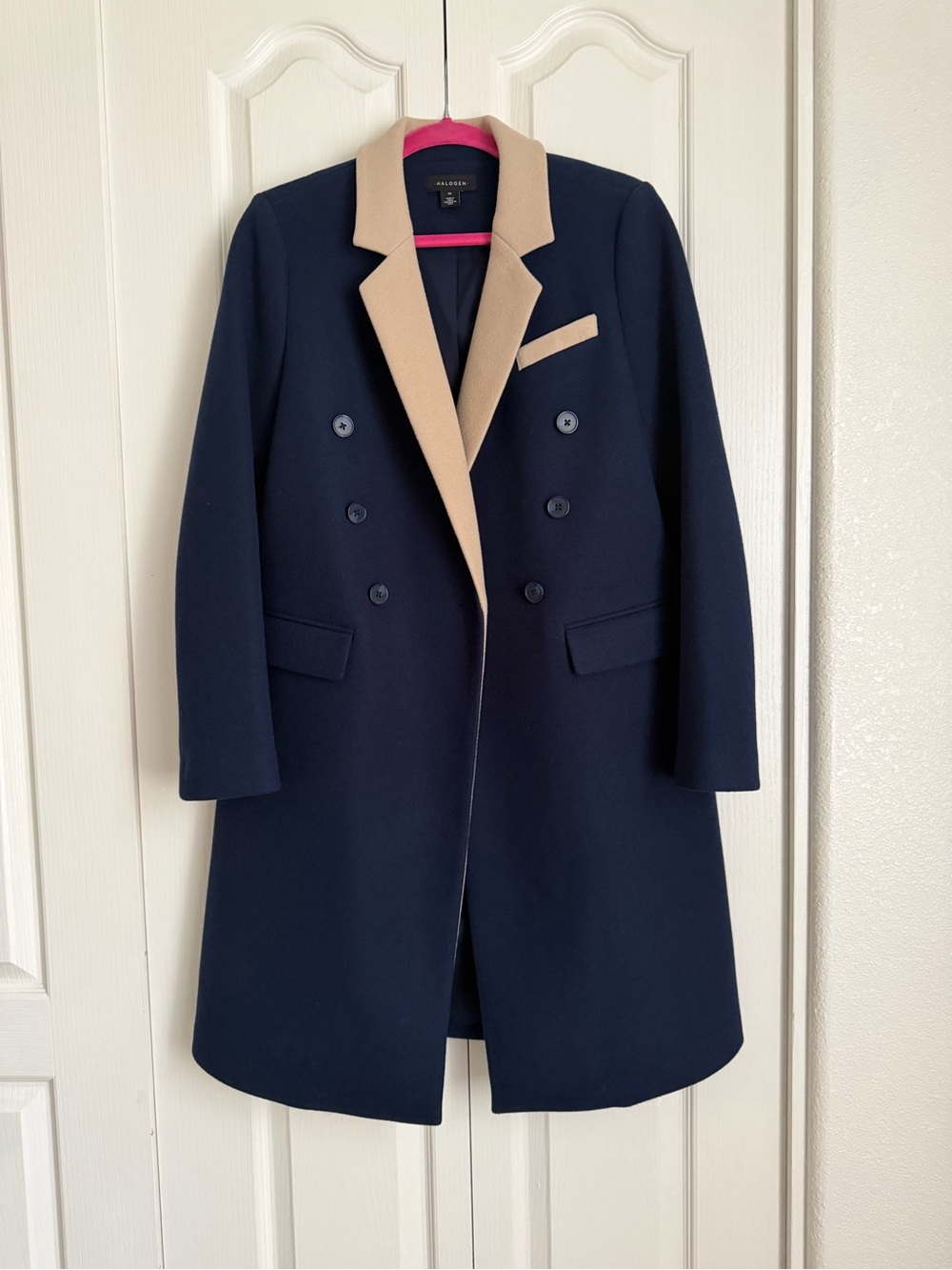 Halogen Navy Pea Coat with Beige Contrast Lapel